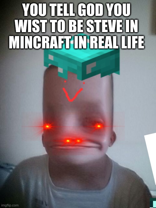 mincraft memes | YOU TELL GOD YOU WIST TO BE STEVE IN MINCRAFT IN REAL LIFE | image tagged in minecraft,memes | made w/ Imgflip meme maker