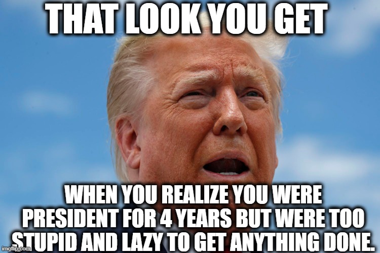 Uh Oh Spaghettios! | THAT LOOK YOU GET; WHEN YOU REALIZE YOU WERE PRESIDENT FOR 4 YEARS BUT WERE TOO STUPID AND LAZY TO GET ANYTHING DONE. | image tagged in donald trump,potus,president,joe biden,election 2020,lazy | made w/ Imgflip meme maker