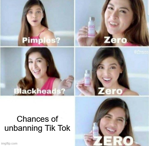 Pimples, Zero! | Chances of unbanning Tik Tok | image tagged in pimples zero | made w/ Imgflip meme maker
