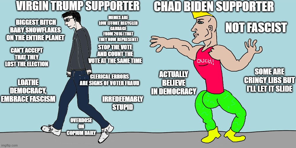 Virgin vs chad | VIRGIN TRUMP SUPPORTER CHAD BIDEN SUPPORTER BIGGEST BITCH BABY SNOWFLAKES ON THE ENTIRE PLANET CAN'T ACCEPT THAT THEY LOST THE ELECTION LOAT | image tagged in virgin vs chad | made w/ Imgflip meme maker