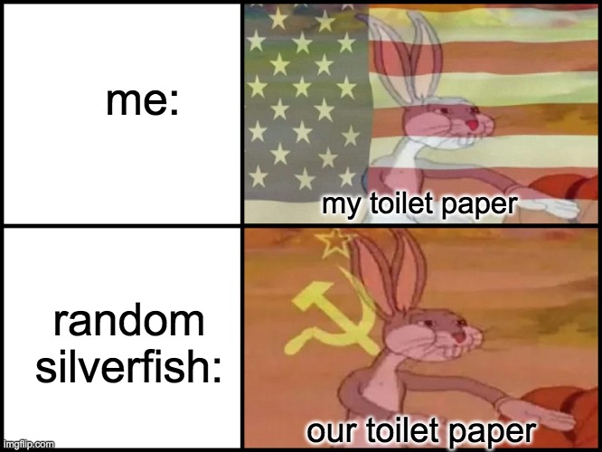 real story | me:; my toilet paper; random silverfish:; our toilet paper | image tagged in capitalist and communist | made w/ Imgflip meme maker