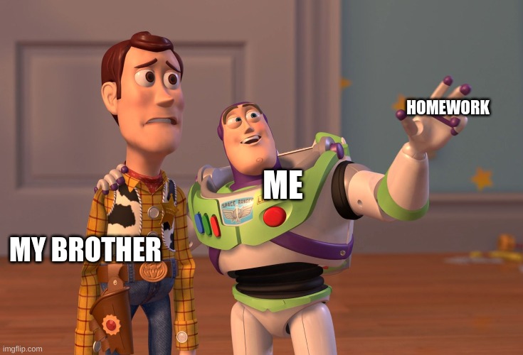X, X Everywhere | HOMEWORK; ME; MY BROTHER | image tagged in memes,x x everywhere | made w/ Imgflip meme maker