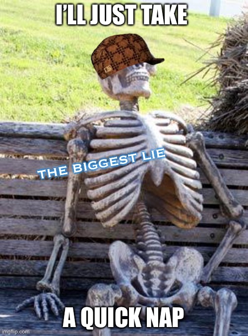 Waiting Skeleton | I’LL JUST TAKE; THE BIGGEST LIE; A QUICK NAP | image tagged in memes,waiting skeleton | made w/ Imgflip meme maker