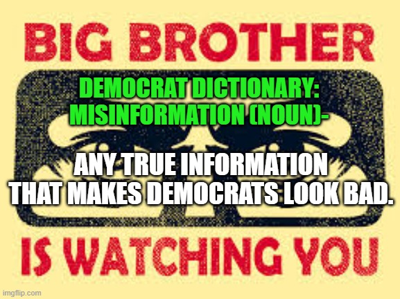Democrats: Redefining reality one word at a time. | DEMOCRAT DICTIONARY: MISINFORMATION (NOUN)-; ANY TRUE INFORMATION THAT MAKES DEMOCRATS LOOK BAD. | image tagged in democrat dictionary,lies,newspeak,1984 | made w/ Imgflip meme maker