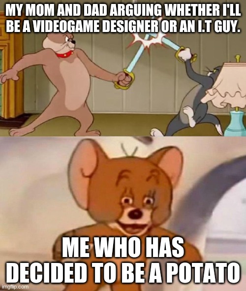 :P | MY MOM AND DAD ARGUING WHETHER I'LL BE A VIDEOGAME DESIGNER OR AN I.T GUY. ME WHO HAS DECIDED TO BE A POTATO | image tagged in tom and jerry swordfight | made w/ Imgflip meme maker