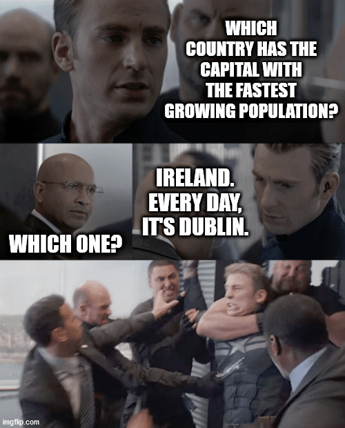 Image Title | WHICH COUNTRY HAS THE CAPITAL WITH THE FASTEST GROWING POPULATION? IRELAND. EVERY DAY, IT'S DUBLIN. WHICH ONE? | image tagged in captain america elevator | made w/ Imgflip meme maker