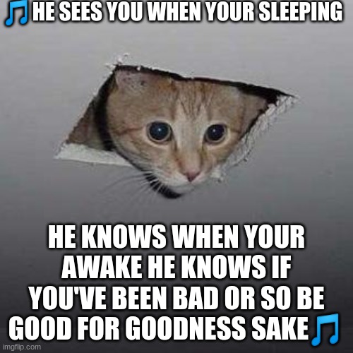 Ceiling Cat | 🎵HE SEES YOU WHEN YOUR SLEEPING; HE KNOWS WHEN YOUR AWAKE HE KNOWS IF YOU'VE BEEN BAD OR SO BE GOOD FOR GOODNESS SAKE🎵 | image tagged in memes,ceiling cat | made w/ Imgflip meme maker