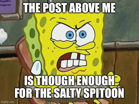 Pissed off spongebob | THE POST ABOVE ME; IS THOUGH ENOUGH FOR THE SALTY SPITOON | image tagged in pissed off spongebob | made w/ Imgflip meme maker