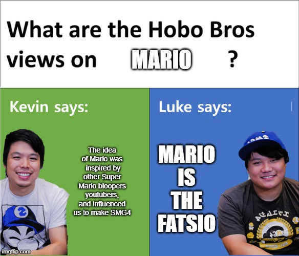 MERIO | MARIO; The idea of Mario was  inspired by other Super Mario bloopers youtubers, and influenced us to make SMG4; MARIO IS THE FATSIO | image tagged in kevin says luke says,smg4 | made w/ Imgflip meme maker