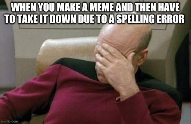 Captain Picard Facepalm | WHEN YOU MAKE A MEME AND THEN HAVE TO TAKE IT DOWN DUE TO A SPELLING ERROR | image tagged in memes,captain picard facepalm | made w/ Imgflip meme maker