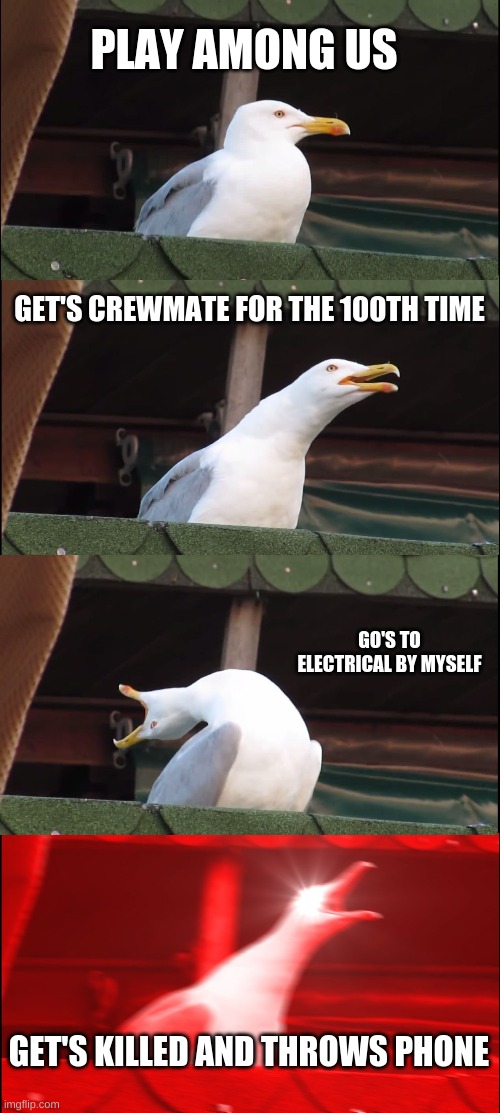 Inhaling Seagull Meme | PLAY AMONG US; GET'S CREWMATE FOR THE 100TH TIME; GO'S TO ELECTRICAL BY MYSELF; GET'S KILLED AND THROWS PHONE | image tagged in memes,inhaling seagull | made w/ Imgflip meme maker