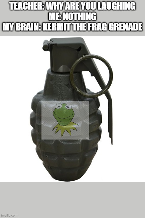 Kermit the Frag Grenade | TEACHER: WHY ARE YOU LAUGHING
ME: NOTHING
MY BRAIN: KERMIT THE FRAG GRENADE | image tagged in kermit the frog,grenade | made w/ Imgflip meme maker