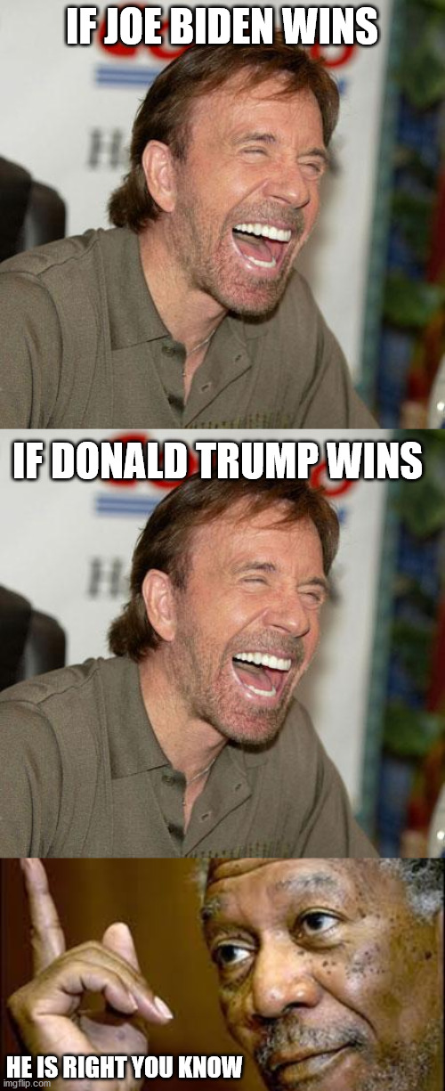 Everything is laughable | IF JOE BIDEN WINS; IF DONALD TRUMP WINS; HE IS RIGHT YOU KNOW | image tagged in memes,chuck norris laughing,he is right you know,politics | made w/ Imgflip meme maker