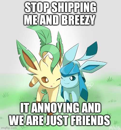 chill i dont | STOP SHIPPING ME AND BREEZY; IT ANNOYING AND WE ARE JUST FRIENDS | image tagged in leafeon x glaceon | made w/ Imgflip meme maker