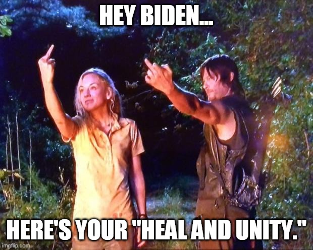 Insulting Americans,attacking our values, dividing our nation for 4 years. Now election fraud... and you want unity? | HEY BIDEN... HERE'S YOUR "HEAL AND UNITY." | image tagged in the walking dead,maga2020,voter fraud,democrats,biden,socialism | made w/ Imgflip meme maker