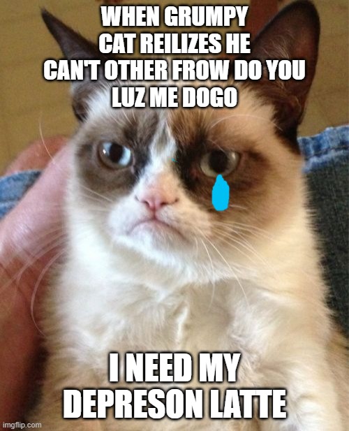 cmon its soooo right | WHEN GRUMPY
CAT REILIZES HE
CAN'T OTHER FROW DO YOU
LUZ ME DOGO; I NEED MY DEPRESON LATTE | image tagged in memes,grumpy cat | made w/ Imgflip meme maker