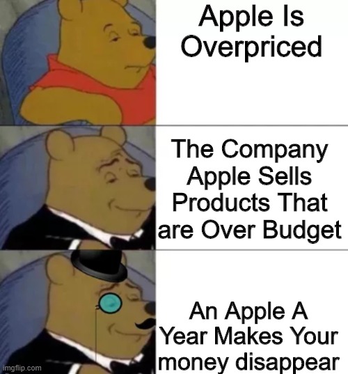 Fancy pooh | Apple Is Overpriced; The Company Apple Sells Products That are Over Budget; An Apple A Year Makes Your money disappear | image tagged in fancy pooh | made w/ Imgflip meme maker