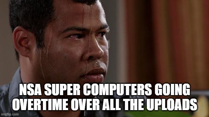 sweating bullets | NSA SUPER COMPUTERS GOING OVERTIME OVER ALL THE UPLOADS | image tagged in sweating bullets | made w/ Imgflip meme maker