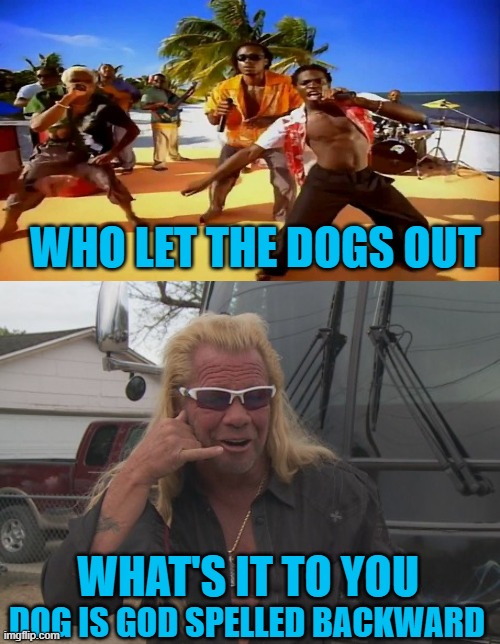 WHO LET THE DOGS OUT; WHAT'S IT TO YOU; DOG IS GOD SPELLED BACKWARD | image tagged in who let the dogs out,dog bounty hunter phone | made w/ Imgflip meme maker