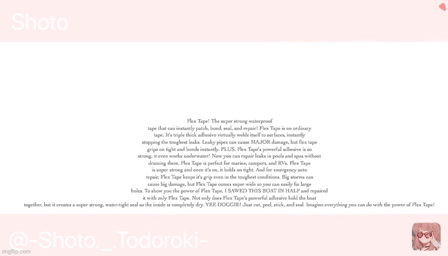 Shoto | Flex Tape! The super strong waterproof tape that can instantly patch, bond, seal, and repair! Flex Tape is no ordinary tape. It's triple thick adhesive virtually welds itself to surfaces, instantly stopping the toughest leaks. Leaky pipes can cause MAJOR damage, but flex tape grips on tight and bonds instantly. PLUS, Flex Tape's powerful adhesive is so strong, it even works underwater! Now you can repair leaks in pools and spas without draining them. Flex Tape is perfect for marine, campers, and RVs. Flex Tape is super strong and once it's on, it holds on tight. And for emergency auto repair, Flex Tape keeps it's grip even in the toughest conditions. Big storms can cause big damage, but Flex Tape comes super wide so you can easily fix large holes. To show you the power of Flex Tape, I SAWED THIS BOAT IN HALF and repaired it with only Flex Tape. Not only does Flex Tape's powerful adhesive hold the boat together, but it creates a super strong, water-tight seal so the inside is completely dry. YEE DOGGIE! Just cut, peel, stick, and seal. Imagine everything you can do with the power of Flex Tape! | image tagged in shoto | made w/ Imgflip meme maker