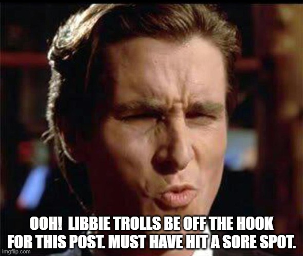 Christian Bale Ooh | OOH!  LIBBIE TROLLS BE OFF THE HOOK FOR THIS POST. MUST HAVE HIT A SORE SPOT. | image tagged in christian bale ooh | made w/ Imgflip meme maker