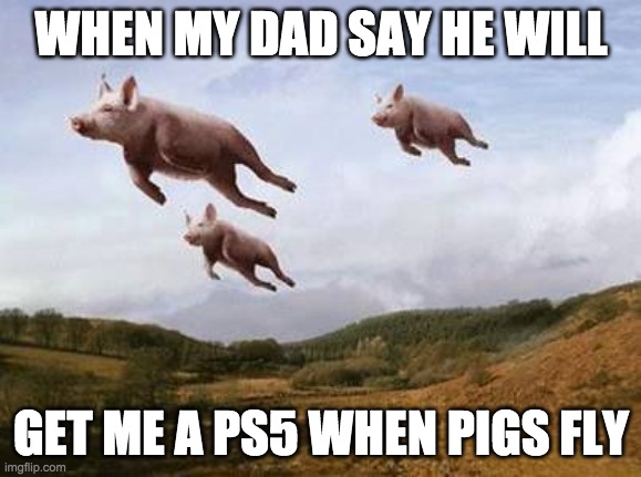 Pigs Fly | WHEN MY DAD SAY HE WILL; GET ME A PS5 WHEN PIGS FLY | image tagged in pigs fly | made w/ Imgflip meme maker