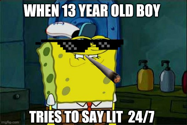 When SpongeBob smokes | WHEN 13 YEAR OLD BOY; TRIES TO SAY LIT  24/7 | image tagged in memes,don't you squidward | made w/ Imgflip meme maker