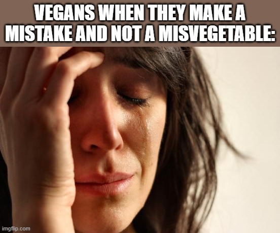 First World Problems | VEGANS WHEN THEY MAKE A MISTAKE AND NOT A MISVEGETABLE: | image tagged in memes,first world problems | made w/ Imgflip meme maker