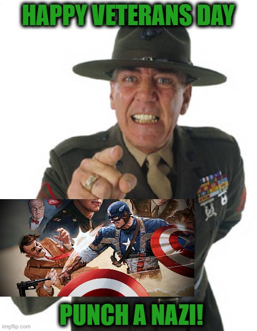 Happy Veterans Day | HAPPY VETERANS DAY; PUNCH A NAZI! | image tagged in gunny r lee ermey,veterans day,captain america,punch | made w/ Imgflip meme maker