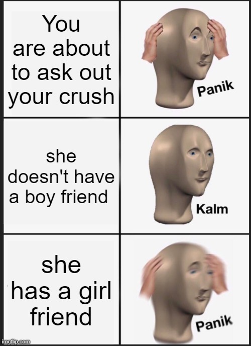 gosh darn it | You are about to ask out your crush; she doesn't have a boy friend; she has a girl friend | image tagged in memes,panik kalm panik | made w/ Imgflip meme maker