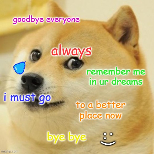 s a d | goodbye everyone; always; remember me in ur dreams; i must go; to a better place now; bye bye; :.) | image tagged in memes,doge | made w/ Imgflip meme maker