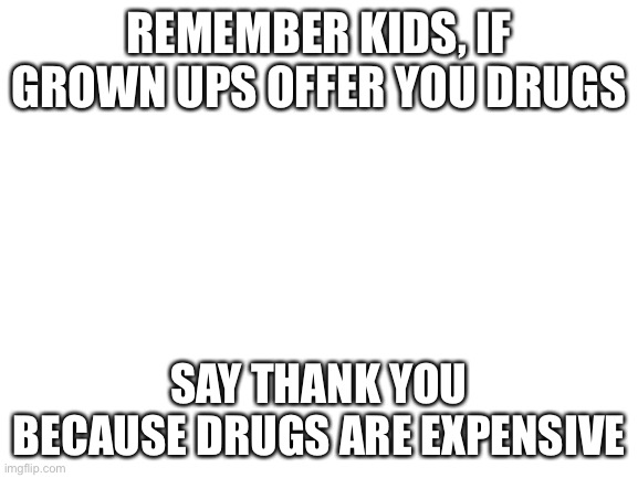 drugs | REMEMBER KIDS, IF GROWN UPS OFFER YOU DRUGS; SAY THANK YOU BECAUSE DRUGS ARE EXPENSIVE | image tagged in blank white template,memes,drugs,funny | made w/ Imgflip meme maker