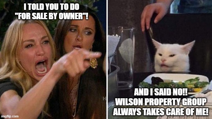 Angry lady cat | I TOLD YOU TO DO "FOR SALE BY OWNER"! AND I SAID NO!! WILSON PROPERTY GROUP ALWAYS TAKES CARE OF ME! | image tagged in angry lady cat | made w/ Imgflip meme maker