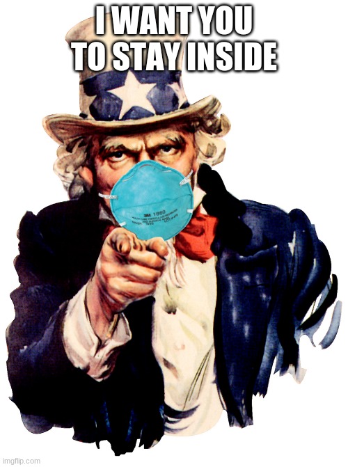 uncle sam i want you to mask n95 covid coronavirus | I WANT YOU TO STAY INSIDE | image tagged in uncle sam i want you to mask n95 covid coronavirus | made w/ Imgflip meme maker