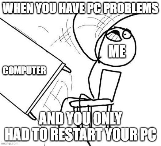 Table Flip Guy Meme |  WHEN YOU HAVE PC PROBLEMS; ME; COMPUTER; AND YOU ONLY HAD TO RESTART YOUR PC | image tagged in memes,table flip guy | made w/ Imgflip meme maker