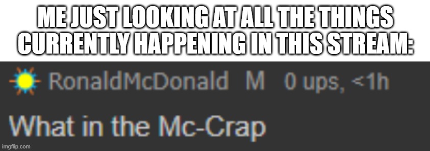 ME JUST LOOKING AT ALL THE THINGS CURRENTLY HAPPENING IN THIS STREAM: | image tagged in what in the mc-crap | made w/ Imgflip meme maker