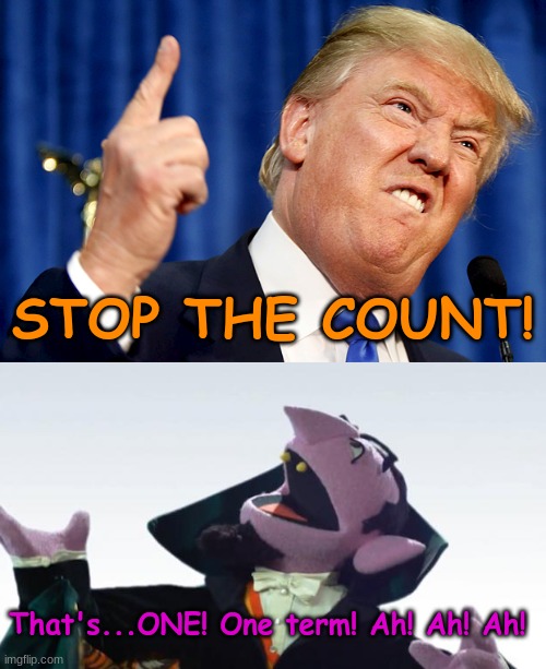 Count, Recount, Numbers don't lie. | STOP THE COUNT! That's...ONE! One term! Ah! Ah! Ah! | image tagged in donald trump,the count | made w/ Imgflip meme maker