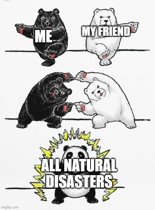 Panda Fusion | MY FRIEND; ME; ALL NATURAL DISASTERS | image tagged in panda fusion | made w/ Imgflip meme maker