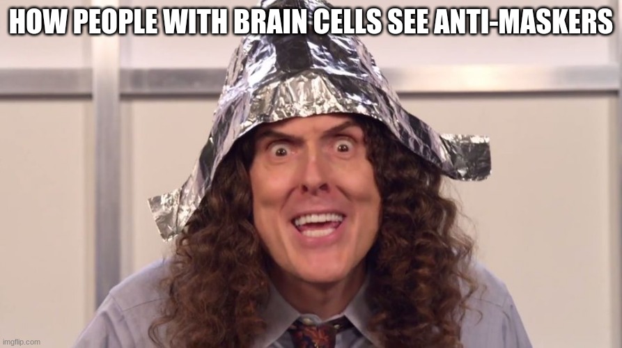 weird al yankovic tinfoil hat | HOW PEOPLE WITH BRAIN CELLS SEE ANTI-MASKERS | image tagged in weird al yankovic tinfoil hat | made w/ Imgflip meme maker