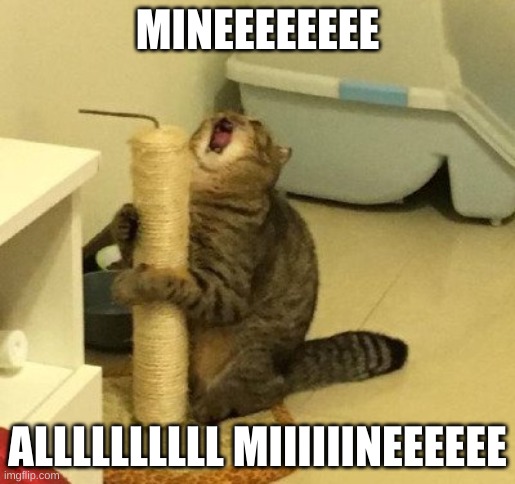 All Mine | MINEEEEEEEE; ALLLLLLLLLL MIIIIIINEEEEEE | image tagged in enjoying too much cat,memes | made w/ Imgflip meme maker