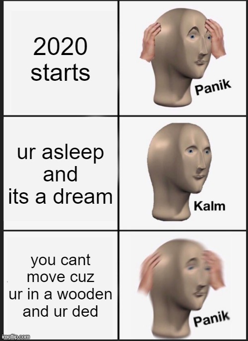 Panik Kalm Panik | 2020 starts; ur asleep and its a dream; you cant move cuz ur in a wooden and ur ded | image tagged in memes,panik kalm panik | made w/ Imgflip meme maker