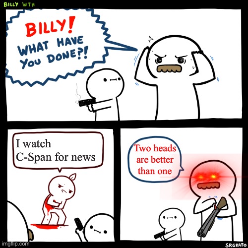 TWO HEADS ARE BETTER THAN ONE!!! | I watch C-Span for news; Two heads are better than one | image tagged in billy what have you done | made w/ Imgflip meme maker