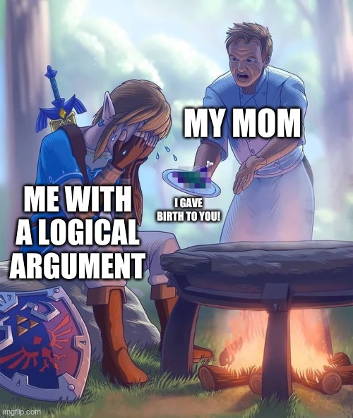 Gordon Ramsay yelling at Link | MY MOM; I GAVE BIRTH TO YOU! ME WITH A LOGICAL ARGUMENT | image tagged in gordon ramsay yelling at link | made w/ Imgflip meme maker