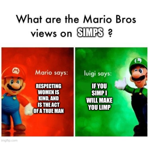 Haha | SIMPS; RESPECTING WOMEN IS KIND, AND IS THE ACT OF A TRUE MAN; IF YOU SIMP I WILL MAKE YOU LIMP | image tagged in mario,nintendo,luigi | made w/ Imgflip meme maker