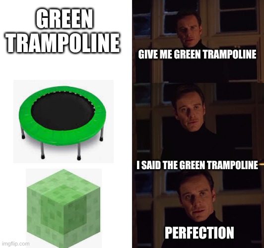 green trampoline | GREEN TRAMPOLINE; GIVE ME GREEN TRAMPOLINE; I SAID THE GREEN TRAMPOLINE; PERFECTION | image tagged in perfection | made w/ Imgflip meme maker