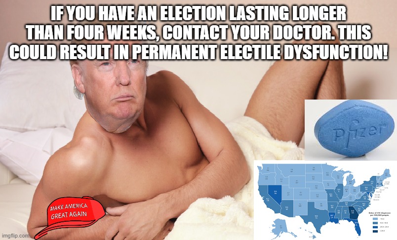 Trump needs medical help! | IF YOU HAVE AN ELECTION LASTING LONGER THAN FOUR WEEKS, CONTACT YOUR DOCTOR. THIS COULD RESULT IN PERMANENT ELECTILE DYSFUNCTION! | image tagged in donald trump approves,election 2020,donald trump,democrats,republicans | made w/ Imgflip meme maker