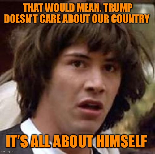 Conspiracy Keanu Meme | THAT WOULD MEAN. TRUMP DOESN’T CARE ABOUT OUR COUNTRY IT’S ALL ABOUT HIMSELF | image tagged in memes,conspiracy keanu | made w/ Imgflip meme maker