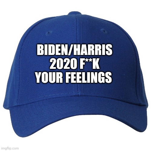 blue hat | BIDEN/HARRIS 2020 F**K YOUR FEELINGS | image tagged in blue hat | made w/ Imgflip meme maker