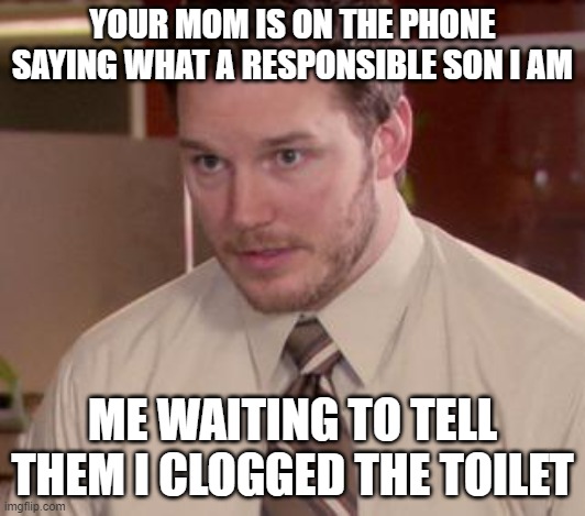 im to scared tbh | YOUR MOM IS ON THE PHONE SAYING WHAT A RESPONSIBLE SON I AM; ME WAITING TO TELL THEM I CLOGGED THE TOILET | image tagged in memes,afraid to ask andy closeup | made w/ Imgflip meme maker