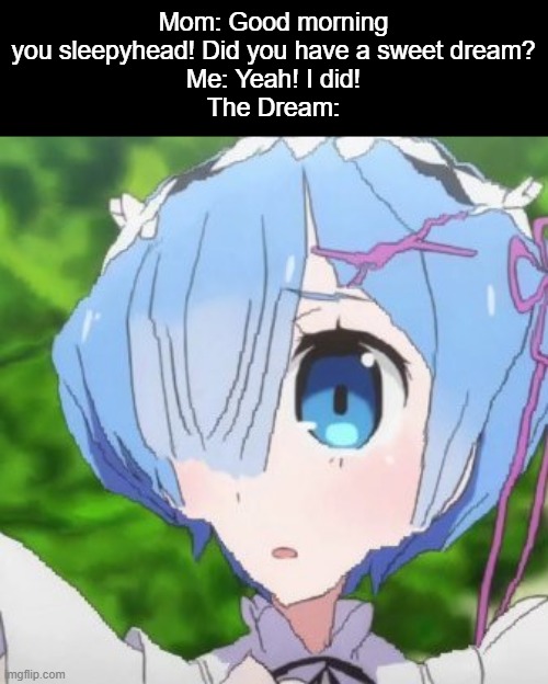 mom halp | Mom: Good morning you sleepyhead! Did you have a sweet dream?
Me: Yeah! I did!
The Dream: | image tagged in mom,rem,re zero,cursed image,bruh,animeme | made w/ Imgflip meme maker